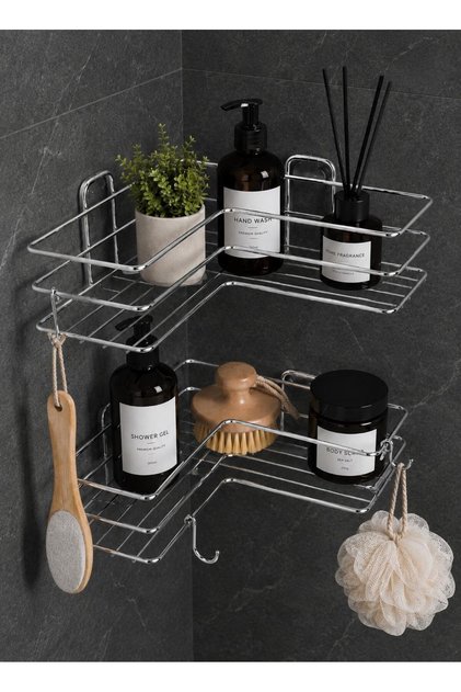 Krom Gümüş 2li Banyo Rafı Köşeliği Köşe Rafı Yapışkanlı Duş Düzenleyici Organizer Banyo Rafı