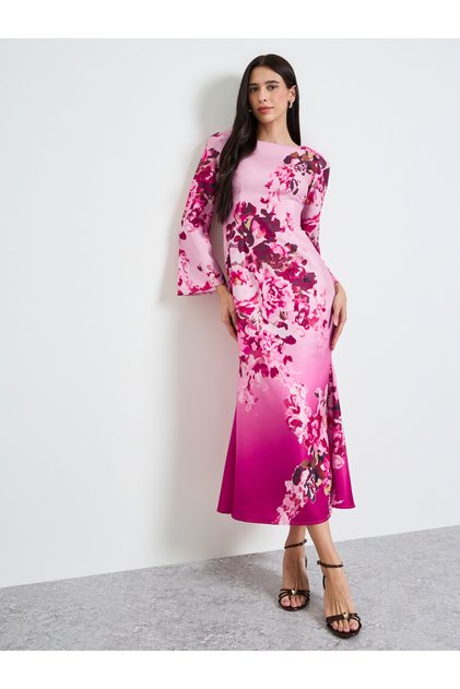 Floral Bell Sleeves Mermaid Hem Maxi Dress