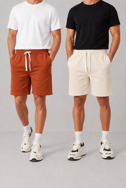 Men's 2-Piece Basic Shorts Set Ecru Tan Color Casual Sports Shorts