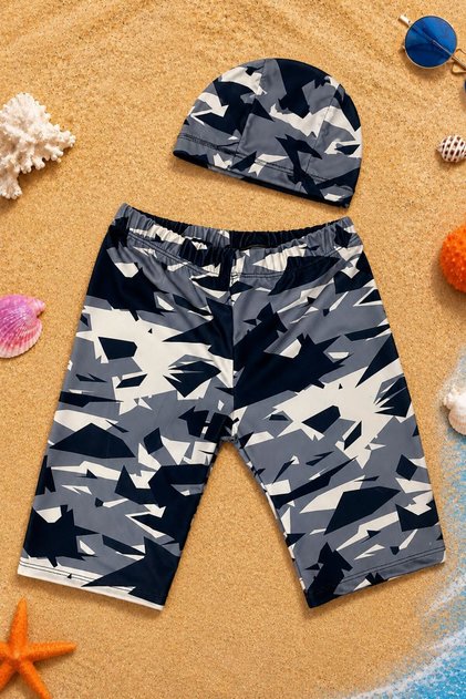 Boys' Camouflage Patterned Swim Shorts and Cap Set