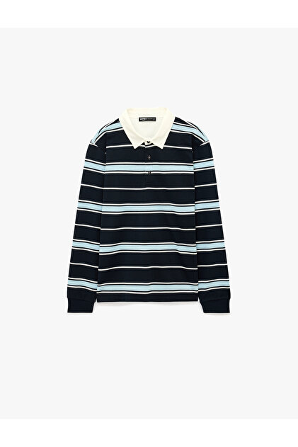Buttoned Polo Collar Long Sleeve Striped Sweatshirt