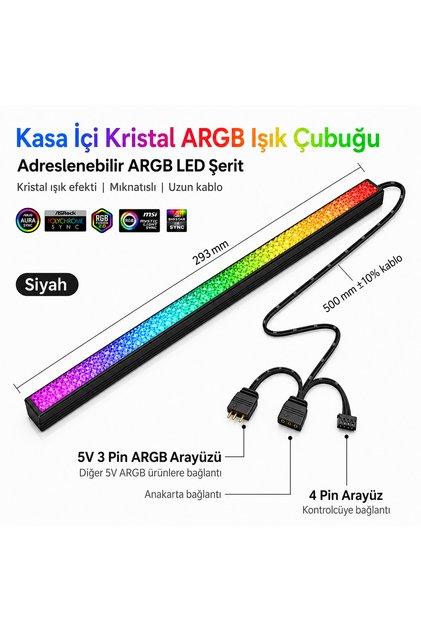 Kasa İçi Kristal ARGB Işık Çubuğu Siyah
