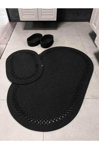 Siyah jüt Hasır Büyük Boy4 lüBanyo Takımı ,Banyo paspas takımı,Banyo sepeti ,Paspas, sepet takımı