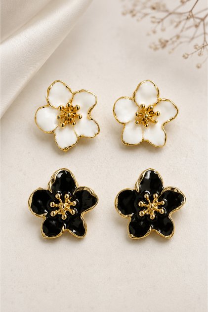 Set of 2 Earrings Enameled Flower Earrings