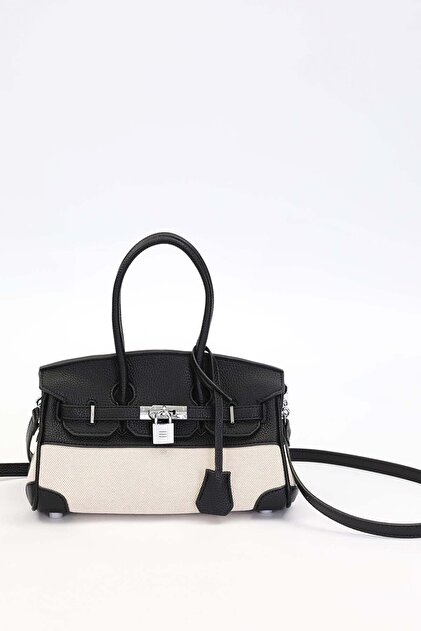 Black Leather Handbag with Lock Detail