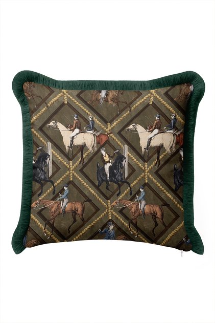 Hunter Rider Horse Figured Lattice Patterned Fringed Pillowcase - Noble Equestrian Tassel Throw Pillow Cover