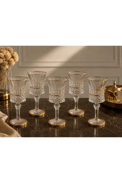 Alora Gold Yaldızlı Kristal Cam Ayaklı Kahve Yanı 6'lı Set- Su Bardağı, Şerbet ve Meşrubat, Soğuk İçeçek Premium Bardak Takımı