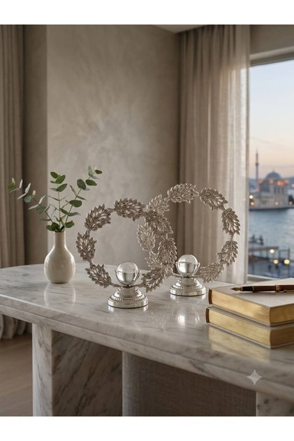 2'li Kristal Cam Küreli Gümüş Dekoratif Obje Seti - Masa Üstü Ev Ofis Dekoru