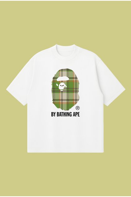 Green Plaid Bape Printed Oversize Boxy Cut Unisex 100% Cotton Tshirt |   Streetwear