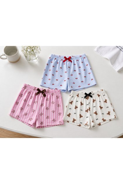 3-Piece Cotton Thin Breathable Satin Ribbon Waist Detail Lemon-Strawberry-Cherry Patterned Shorts Single Bottom Pajamas