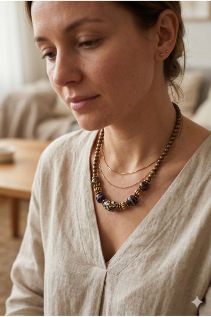 Handmade Navy Blue Patterned Glass Beads and Antique Brass Ball Detailed Special Design Necklace