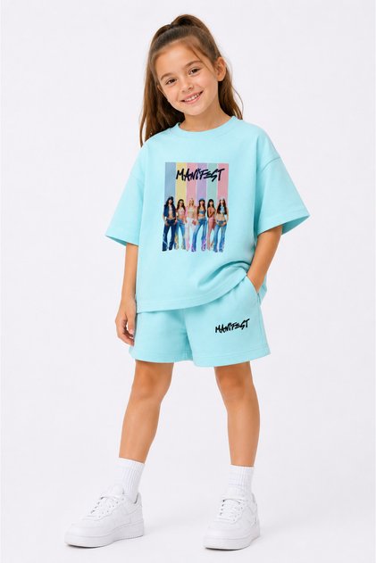 Manifest Girls M6Nifestgirls Printed Oversize 100% Cotton T-Shirt Shorts 2-Piece Children's Set