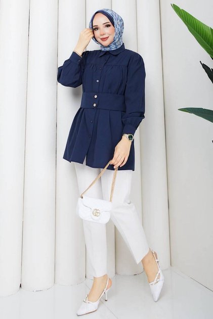 Women's Long Sleeve Waist Belted Shirt Collar Balloon Sleeve Buttoned Hijab Tunic Shirt