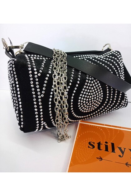 Women's Evening Dress Bag with Drop Stone Detail, Short Handle and Chain Strap