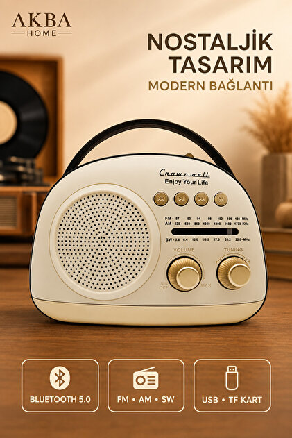 Nostaljik Retro Bluetooth 5.0 Radyo Taşınabilir Şarjlı Hoparlör FM AM SW USB TF Kart MP3 Çalar Type-C
