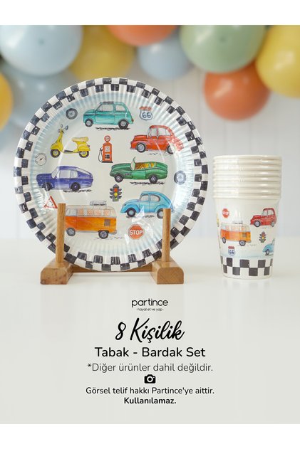 8 Kişilik Klasik Araba Kullan At Karton Tabak Bardak Parti Seti