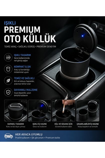 Işıklı Premium Oto Küllük LED Aydınlatmalı Araç İçi Küllük Koku ve Kül Önleyici Kapaklı Tasarım