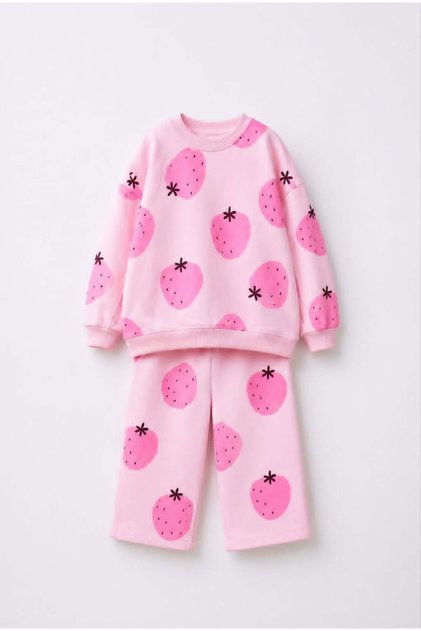 Girl's Pink Strawberry Printed 3 Thread Fabric Wide Leg Bottom Sweatpants Set