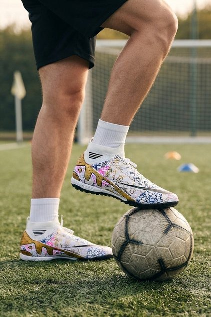 White Gold Patterned Large Size Men's Turf Football Shoes