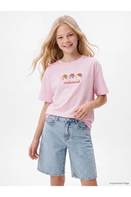 Crew Neck Mofusand Printed Girls' T-Shirt (S6)