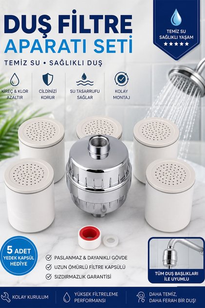 Duş Filtresi Aparatı Seti | 5 Adet Yedek Filtre Kapsülü + Teflon Bant + Conta | Kireç ve Tortu Azaltıcı Duş Su Filtresi