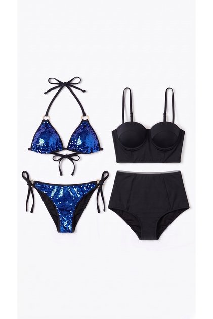 Blue Sequin & Black High Waist 2-Piece Bikini Set