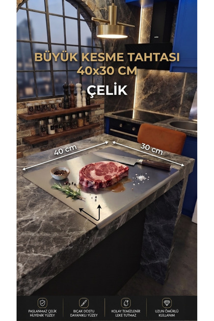 Tezgah Kenarlı Paslanmaz Çelik Kesme Tahtası (40x30 cm) - Hijyenik Et ve Sebze Kesim Pano