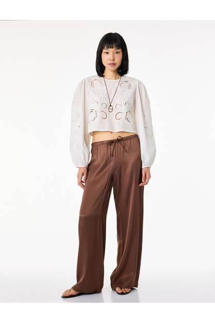Cotton Crew Neck Long Balloon Sleeve Embroidered Crop Blouse