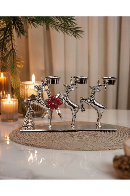 Silver Gümüş 3'lü Geyik Figürlü Metal Mumluk Dekoratif Masa Üstü Tealight Mumluk