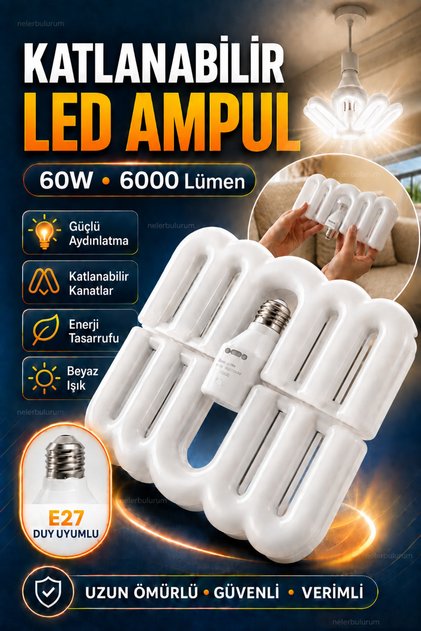 Katlanabilir 60 Watt 6000 Lümen Pervane LED Ampul %80 Enerji Tasarraflu E27 Florasan Ampul Duy 2 Kanatlı Süper Güçlü Beyaz Işık
