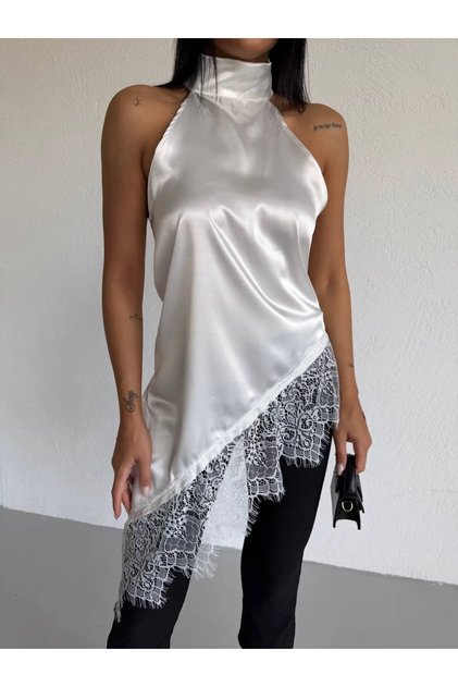 Women's White Halter Neck Lace Embroidered Asymmetrical Satin Blouse Hzl26S-Fry123901