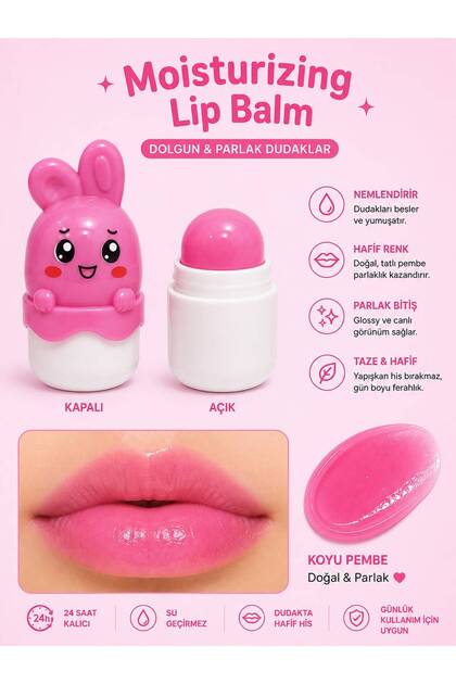 Tavşan Lip Balm-Pembe Renk Veren Dudak Nemlendirici-Gloss Etkili Moisturizing Lip Balm-Kawaii Bunny Dudak Bakım Balmı
