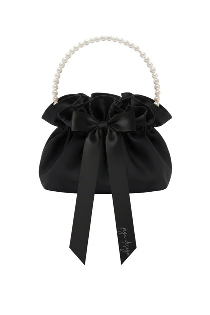 Black Cotton Satin Bag, Black Satin Fabric with Satin Bow Decoration, Pearl Handle, Black Satin Fabric, Daily/Formal Dressing Bag