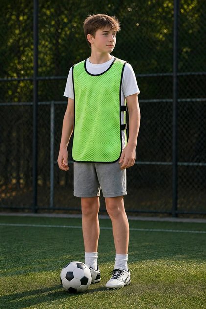 Çocuk Fileli Antrenman Yeleği Neon Yeşil - Halı Saha Bip Yeleği (6'lı Set)