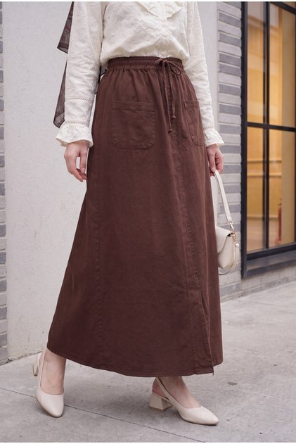 Beli Lace-Up Elastic Linen Look Slit Skirt - Brown