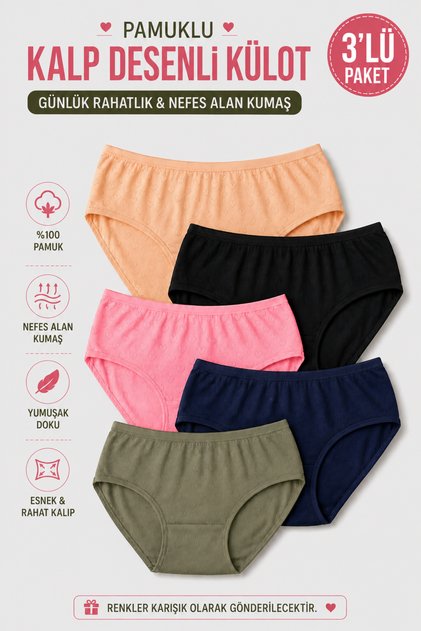 Women's Cotton Bato Panties (Tutku Elite Authorized Seller) 3-Pack Heart Patterned – Breathable Soft Fabric Flexible and Comfortable Daily Underwear