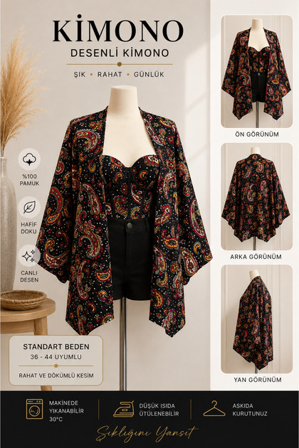 Kadın Siyah Şal Desenli Tülbent Kimono – %100 Pamuk, Oversize Rahat Kesim