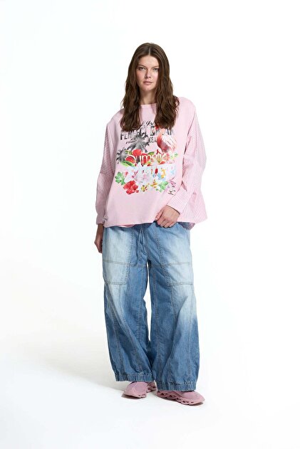 Pink Ecru Flamingo Printed Striped Sleeve Oversize Sweatshirt 19027