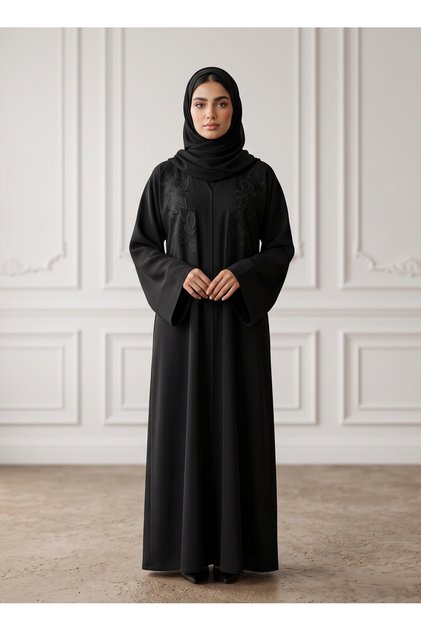 Elegant Tone-on-Tone Floral Black Abaya | Nida Fabtic