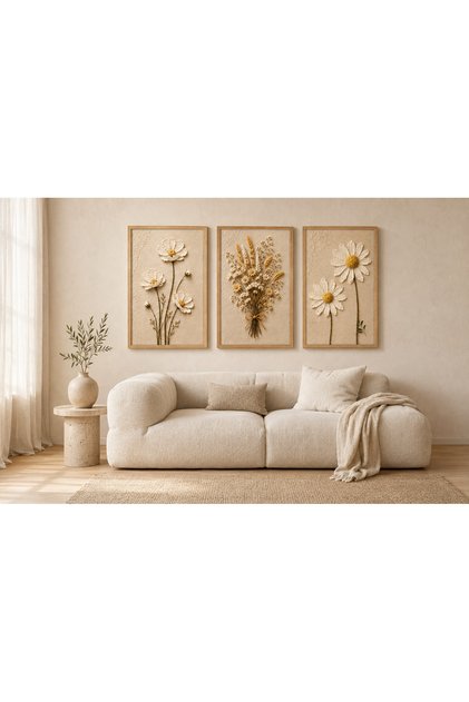 Papatya Bahçesi – Beyaz ve Gold Çiçekler 3’lü Set Dekoratif Duvar Tablosu - R0080