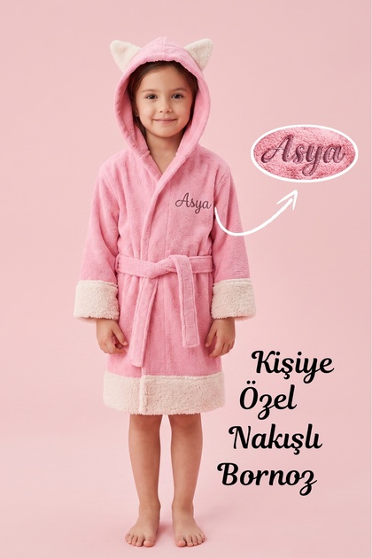 İSME ÖZEL NAKIŞLI - Kız Çocuk Bornozu Kapüşonlu Pamuklu, Polar Figürlü, Pembe