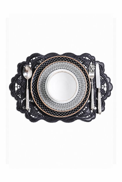 Embroidered Leather American Service Set of 2 Double-Sided Rectangular Placemats 50X33 cm Dora Black
