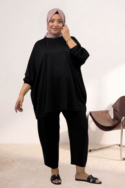 67069 Plus Size Low Sleeve Modal Pants Suit - Black