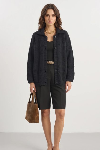 Women's Pointelle Knit Buttoned Shawl Collar Black Cardigan