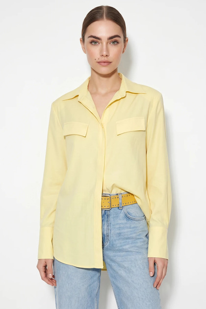 Women's Padded Cross-Collar Detailed Asymmetrical Wide Cuff Modal Yellow Shirt