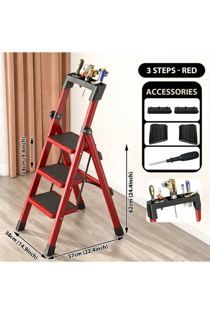 Home Ladder Step Ladder Folding Ladder 4 Tier Sturdy Steel Frame Non Slip Floor Feet Large Platform Portable Storage Ladder With Top Tool Holder For Housework Work 汉语版标题（对应英文，跨境后台中文检索使用）