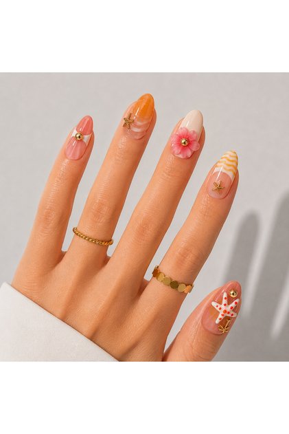 Takma Tırnak Nail Art Sarı Kısa Badem L Beden 15'li El Yapımı Jel Tırnak KKBD1785