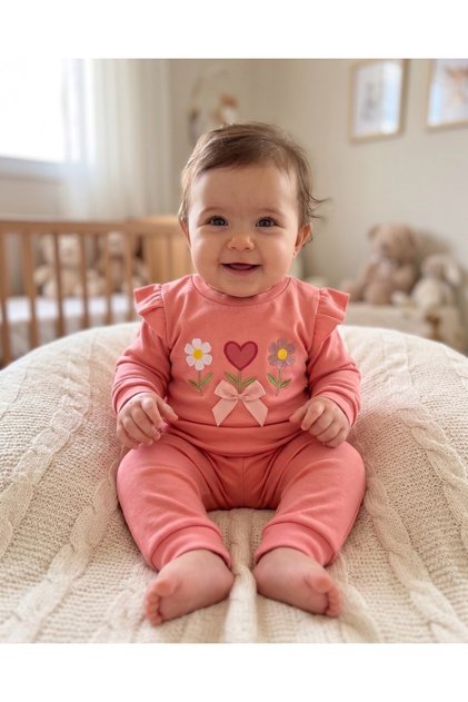 Baby Girl Seasonal Heart Flower Embroidered Ruffle 3-6-9-12 Months 2 Thread Top and Bottom Two-Piece Baby Set