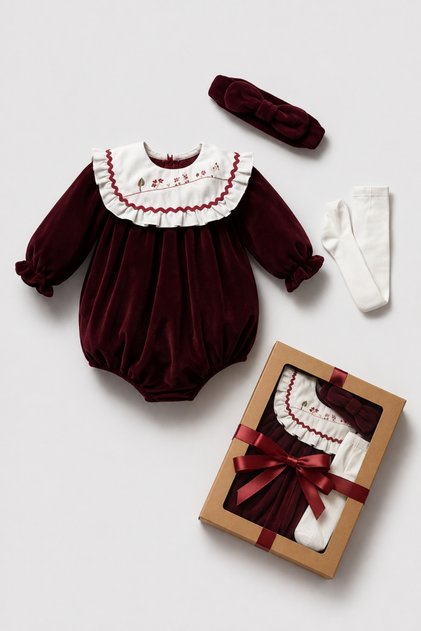 Baby Girl Premium Velvet Romper with Bandana Socks Newborn Bodysuit Mevlüt Gift Box 3 Piece Set