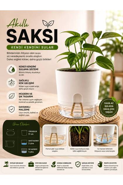 Kendinden Sulamalı Akıllı Saksı – Su Hazneli Fitilli Çiçek ve Bitki Saksısı 2 Litre
